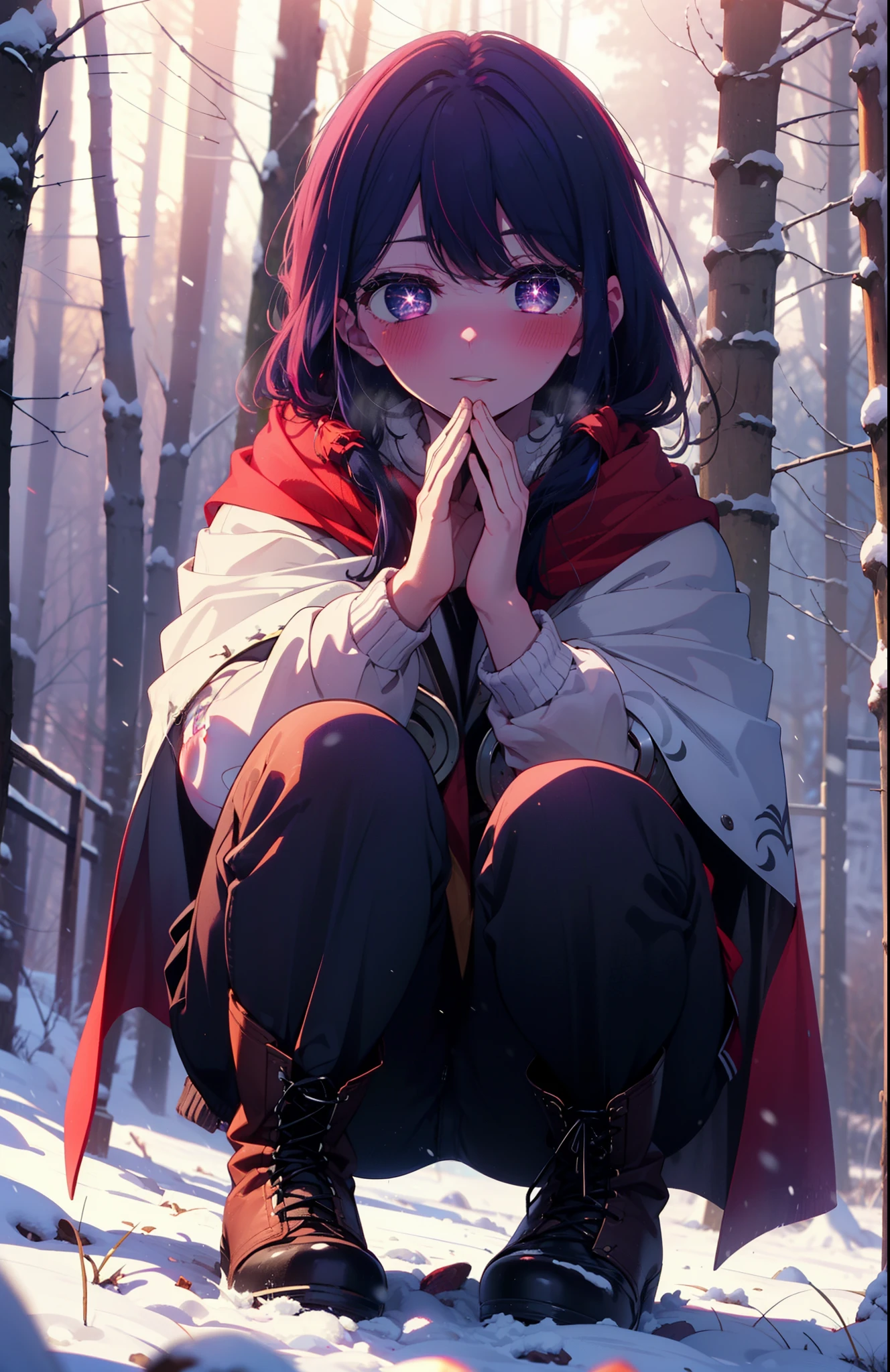 aihoshino, Ai Hoshino, Long Hair, bangs, (Purple eyes:1.1), Purple Hair, (Symbol-shaped pupil:1.5), smile,,smile,blush,white breath,
Open your mouth,snow,Ground bonfire, Outdoor, boots, snowing, From the side, wood, suitcase, Cape, Blurred, , forest, White handbag, nature,  Squat, Mouth closed, Cape, winter, Written boundary depth, Black shoes, red Cape break looking at viewer, Upper Body, whole body, break Outdoor, forest, nature, break (masterpiece:1.2), Highest quality, High resolution, unity 8k wallpaper, (shape:0.8), (Beautiful and beautiful eyes:1.6), Highly detailed face, Perfect lighting, Extremely detailed CG, (Perfect hands, Perfect Anatomy),