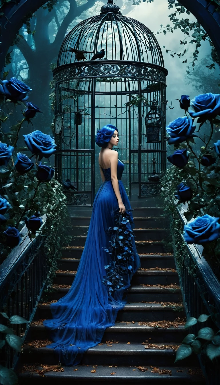 Image of forests of clocks interspersed with forests of thorns, dark, gloomy, mysterious but full of magic, shimmeringly beautiful, in the distance there is a giant birdcage surrounded by climbing black roses, a blue hair beautiful girl are step on the luxury stair cover by blue rose ivy in the bird cage, cinematic color, 16K, UHD, K-Pop Style