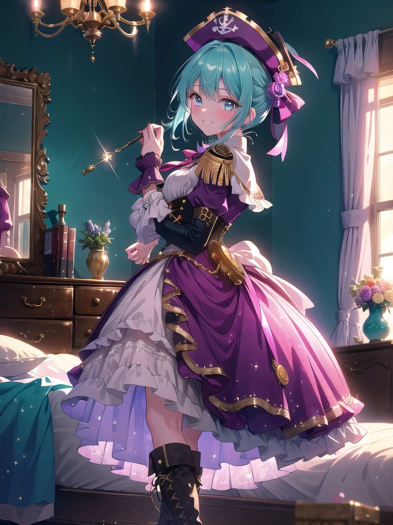 ((8k, Highest quality, masterpiece: 1.3)),Ultra-high resolution,(1 girl, alone), (Color changing eyes, Ultra-detailed, Expressive brilliance, Glitter, Glowing Eyes), Highly detailed eyes, Highly detailed face, Random Hair, ((pastel colour)),A playful young woman with pastel teal hair styled into a messy bun, standing by her dresser in her softly lit bedroom during the early hours of the night. She is dressed in a sexy pirate cosplay, wearing a white blouse with a deep neckline, a corset belt, a short skirt, and a pair of knee-high boots. The camera captures her from a low angle as she adjusts her tricorn hat with a cheeky grin, her expression adventurous and flirtatious. The room is filled with warm, ambient lighting, with a treasure chest at the foot of the bed, a map pinned to the wall, and a few scattered gold coins adding to the swashbuckling yet seductive atmosphere.