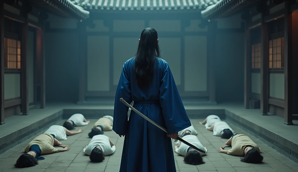 government, Traditional building 30 year old man, standing facing sideways and with his back to the camera .have long black hair, memakai pakaian tradisional korea di zaman government bewarna biru dDongker terdapat pedang di tangan nya sedang duduk di depan 10 mayat manusia, looks like assassin aura.