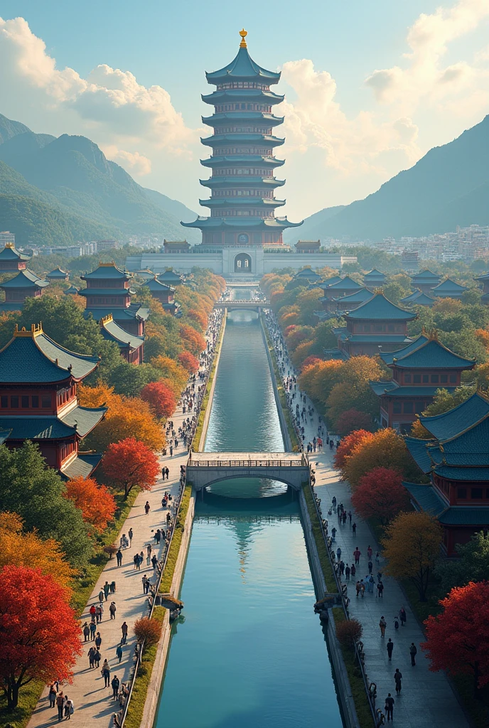 A high resolution,Breathtaking, Large-scale Chinese scenes,majestic architecture,The Great Socialist Era,A thriving society,Self-sufficient community,People live in harmony,Industrious workers,Wealthy citizens,Bustling city streets,A vibrant market,Happy family,Outdoor activities,Beautiful park and gardens,Welcoming public spaces,Elegant boulevards,Impressive statues and monuments,picturesque landscape,vast blue sky,Serene countryside,Tranquil rivers and lakes,lush green forest,Prolific farmland,Modern factory,Futuristic technology,Innovation infrastructure,High-rise buildings,Glittering glass windows,Sparkling lights at night,Efficient transport system,State-of-the-art trains and subways,Clean and tidy neighborhood,A bustling cultural and educational center,Gorgeous theaters and concert halls,Rich artistic heritage,Colorful festivals and parades,Celebrate achievements,Ethnic diversity lives in harmony,A unified national identity,Take pride in socialist values,A strong sense of community,The people are united,Inspirational promotional posters,Soaring motivational speeches,Strong and determined leader,Majestic waved proudly,An eternal symbol of unity and progress busy asian shops japanese style with a river canal like venice curved y, in the middle focal point big rounded pagoda epic scale, river winding, side market places