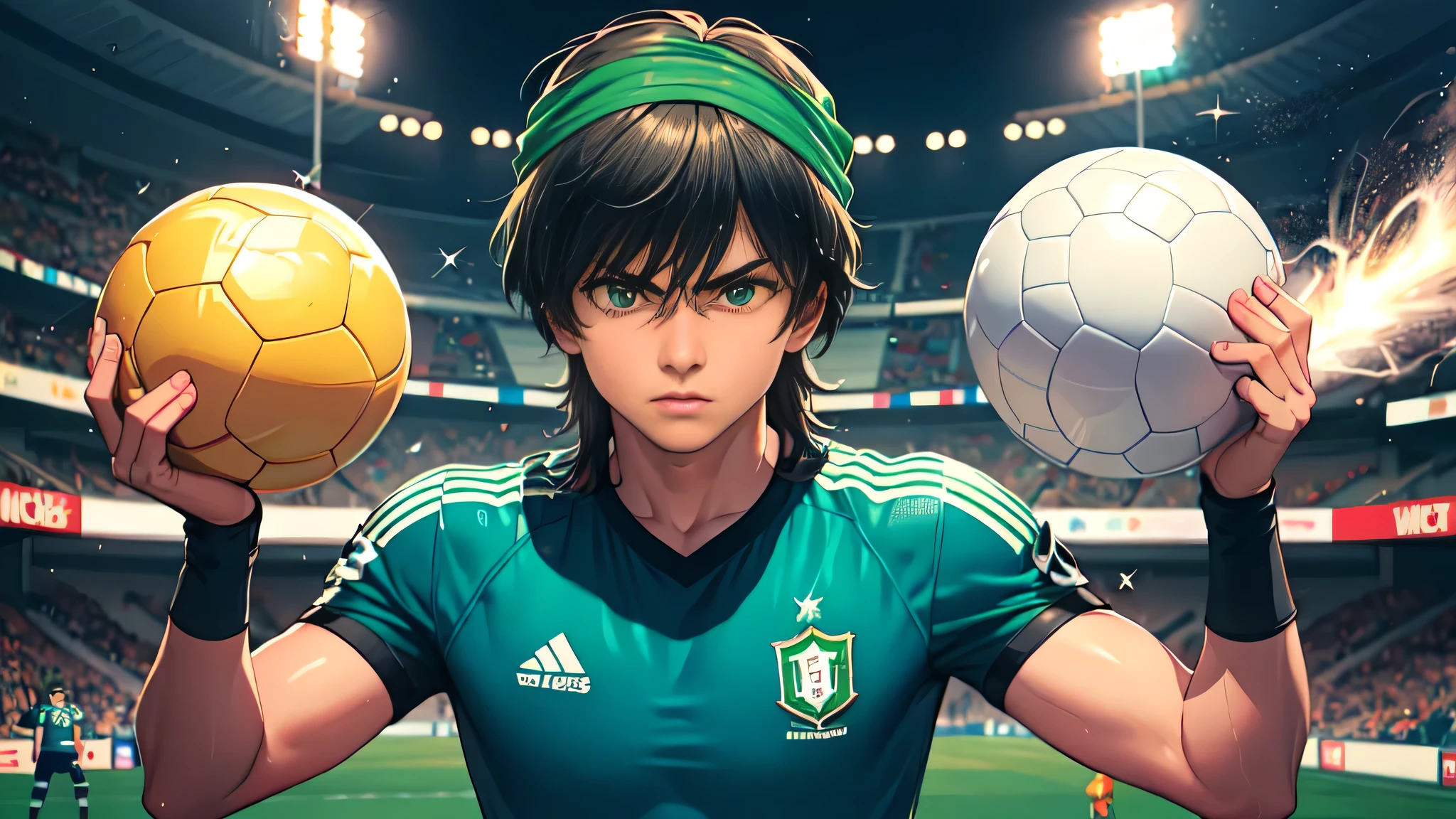 アニメ, sleeved, captain tsubasa, Soccer, sporting club of portugal, football, soccer ball, football((​masterpiece:1.4, best quality))+, (Ultra-detail)+, light green long hair ,weises bandana, green eyes, football stadium, football game, angry players, grün weiße football shirt, green white clothes striped, football elements, Coole pose, different skin color,colorful background,natta ,(lightning effect),(Sparkly Eyes), football, many cute , five big stars sparkle, sporting club of portugal