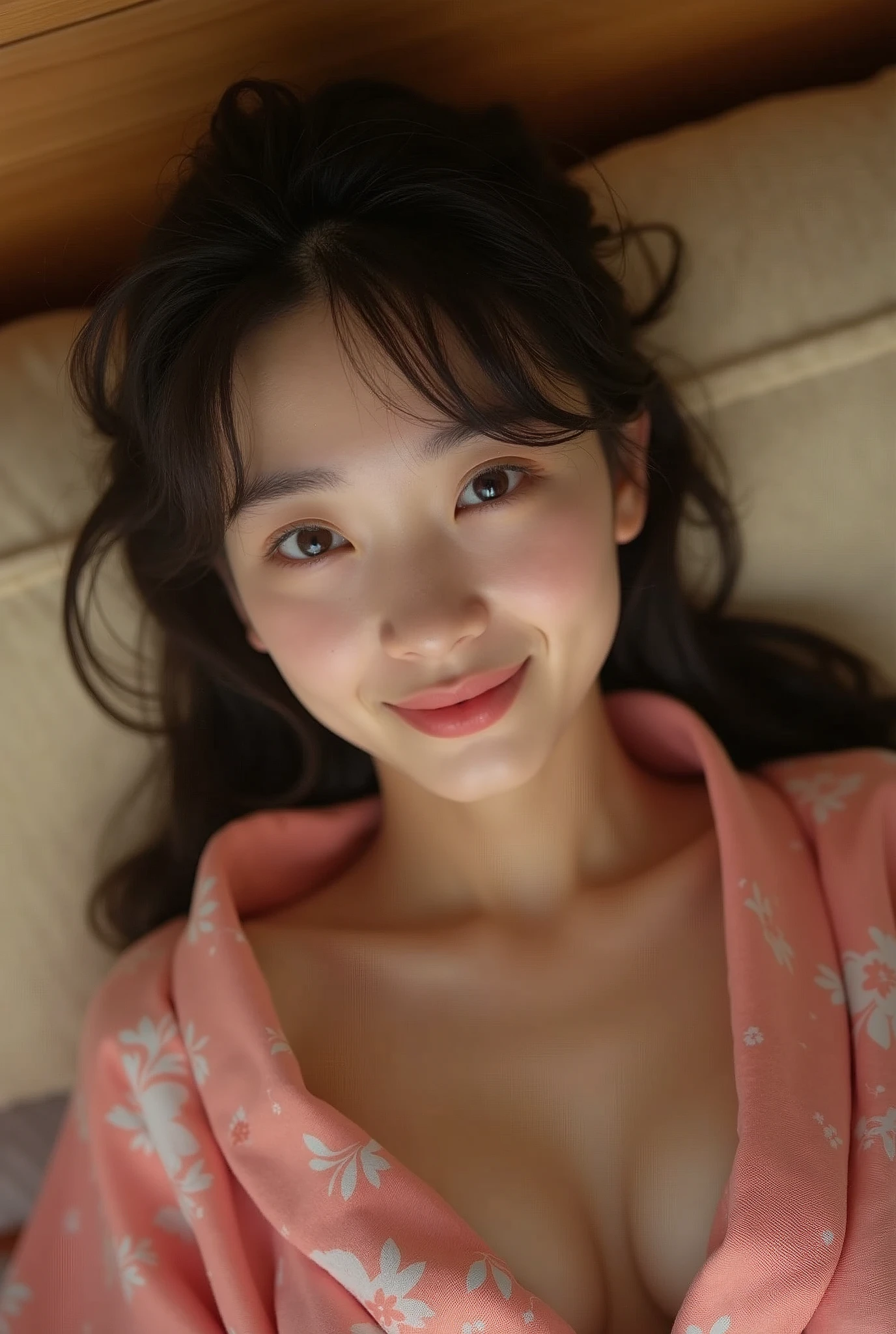 A very cute face like an idol、like々A 19-year-old woman with a cute face、Gentle and cute、A kind smile、(((Japanese Yukata)))、((night))、Sleeping on a futon in a Japanese-style room (washitsu) of a ryokan.、Cleavage、(Full body portrait)、RAW Photos、Genuine、High resolution