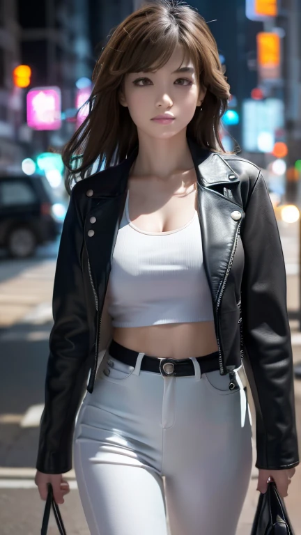 best quality, high quality, ultra quality, 8k, masterpiece, detailed, extremely detailed, insanely detailed, ultra detailed, ultra highres ,exquisite,
lifelike Images,cinematic experience,UHD picture,Realistic,photorealistic,hyperrealistic,vivid,RAW photo,shot by DSLR, One girl, (black leather jacket:1.3), white tank top, black leather pants, cyberpunk city