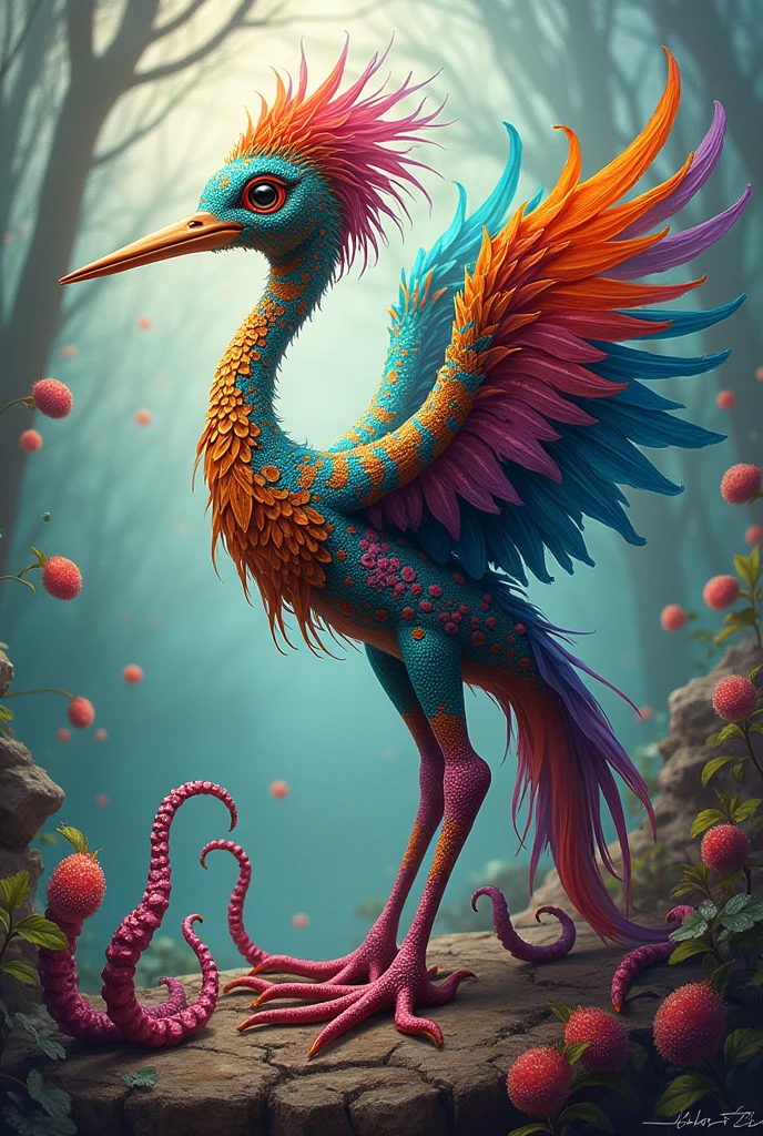 Show me a picture of an alebrije created with a heron, a platypus and an octopus