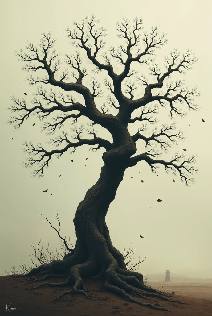 a thin dry tree with dark falling leaves with long branches
