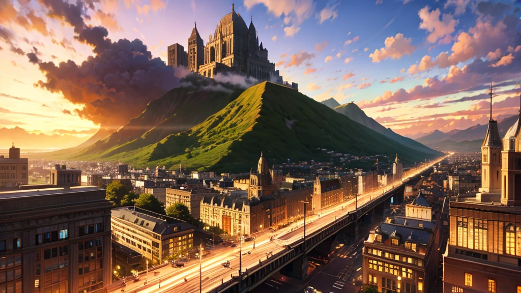 Create a city with highly detailed buildings. artistic anime, Anime Art, The city with the building will have 2 volcanoes in the background with a beautiful view of vegetation