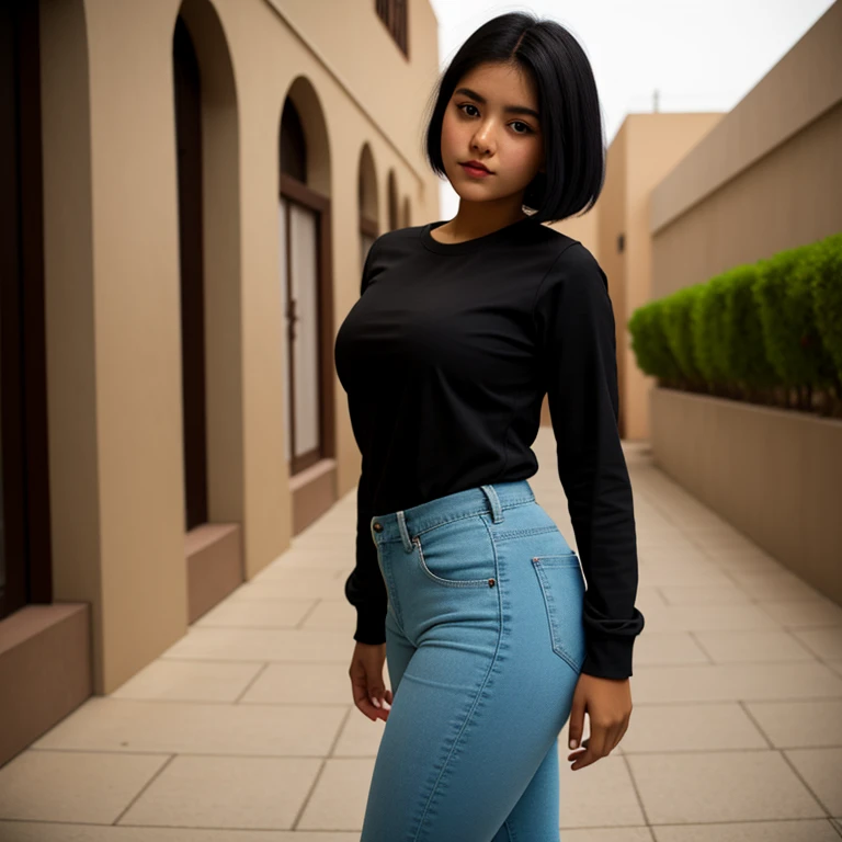 body photo, beautiful detailed, cute face, short, Guanajuato teen, short black hair, black hair over one eye, long sleeve plain T-shirt, long pants, pearshaped voluptuous wide hips with thick thighs, solo,
