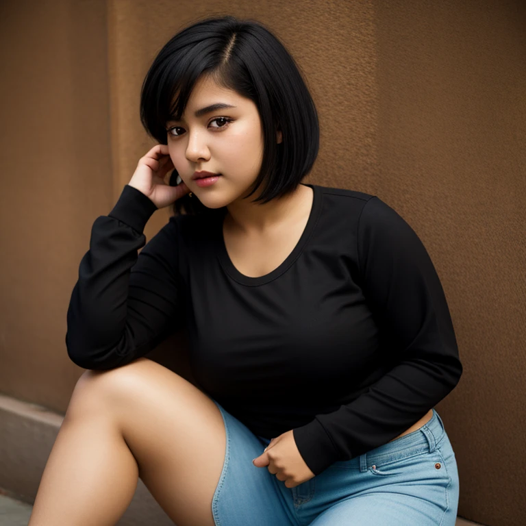 body photo, beautiful detailed, cute face, short, Guanajuato teen, short black hair, black hair over one eye, long sleeve plain T-shirt, long pants, pearshaped voluptuous wide hips with thick thighs, solo, 