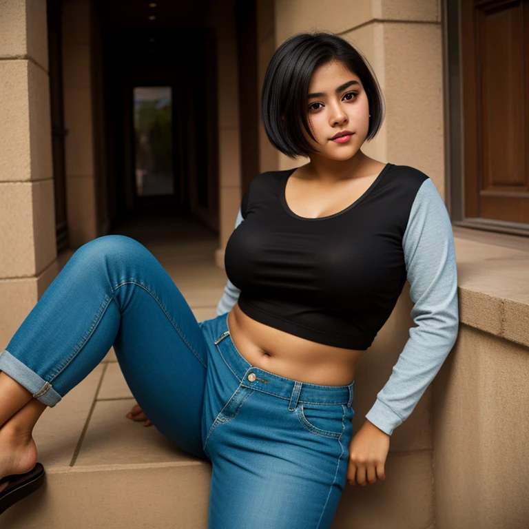 body photo, beautiful detailed, cute face, short, Guanajuato , short black hair, black hair over one eye, long sleeve plain T-shirt, long pants, pearshaped voluptuous wide hips with thick thighs, solo,