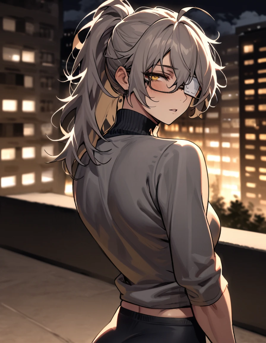 mature, golden eyes, looking at viewer, female, apartment background, messy hair, grey shoulder-length hair, ponytail, parted lips, hair between eyes, ahoge, emotionless, tired eyes, standing, from behind, yoga shorts, turtleneck shirt, medical eye patch, comfy clothes, glasses, night, cloudy, toned body