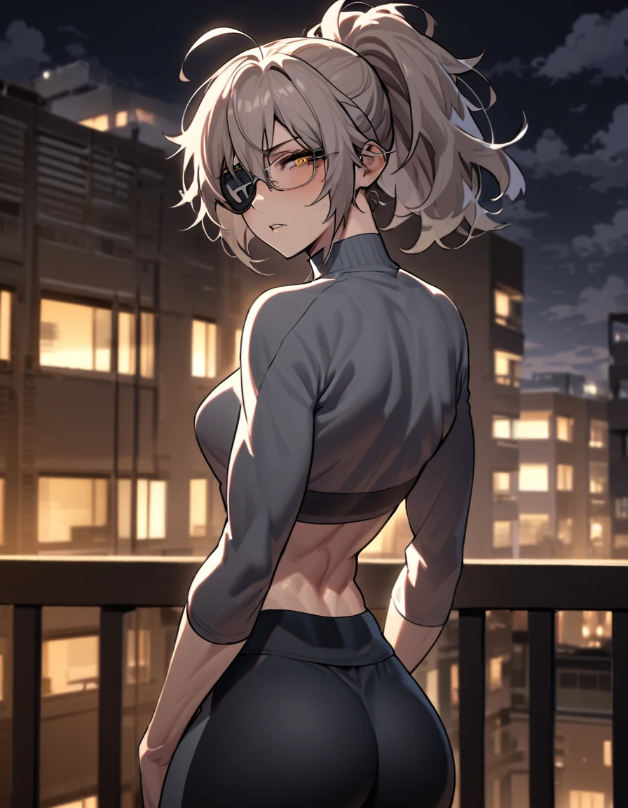 mature, golden eyes, looking at viewer, female, apartment background, messy hair, grey shoulder-length hair, ponytail, parted lips, hair between eyes, ahoge, emotionless, tired eyes, standing, from behind, yoga shorts, turtleneck shirt, medical eye patch, comfy clothes, glasses, night, cloudy, toned body