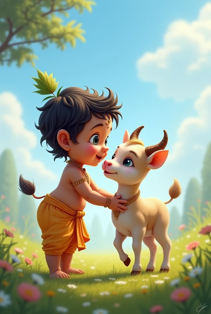 A beautiful picture of a toddler lord Krishna with a cow baby smiling.