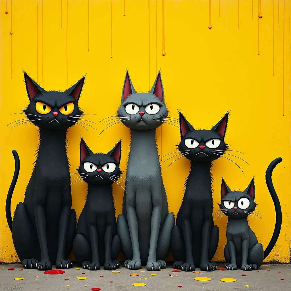 5 angry cats standing by a yellow wall, in the style of Roger Ballen, drippy paint splatters, doug hyde, po,l ledent, intense emotional expression, quirky cartoonish characters, shiny eyes, having some beer and fun