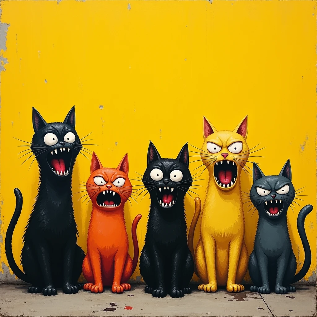 5 angry cats standing by a yellow wall, in the style of Roger Ballen, drippy paint splatters, doug hyde, po,l ledent, intense emotional expression, quirky cartoonish characters, shiny eyes, having some beer and fun
