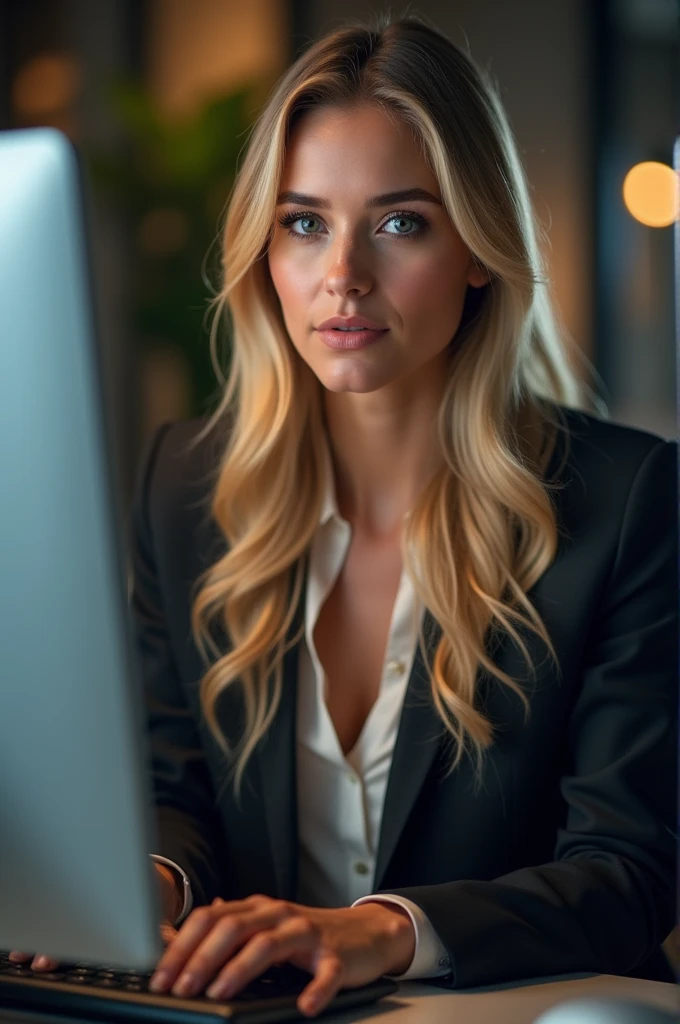 a pretty one with long blonde hair, detailedeyes, nase, and lips, wearing professional clothing, sitting in his office, using your computer, HP computer (best qualityer,4K,8k,high resolution,work of art:1.2),ultra detali,(realisitic,photorealisitic,photo-realisitic:1.37),HDR,studio lighting,extremely detailed face and body, portraite,cinematic lighting,dramatic lighting,warm color tones,dramatic colors