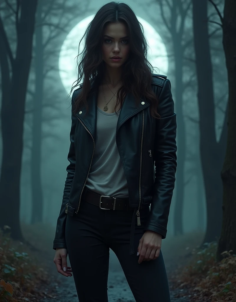 Werewolf Girl inspired by the Originals and The Vampire Diaries TV Series character Hayley Marshall (Phoebe Tonkin). Beautiful brunette woman. wearing leather jacket and dark pants, Midjourney AI Generated Art, mystical forest with full moon glowing in the background, AI Artificial Intelligence Artworks, Character Inspiration.