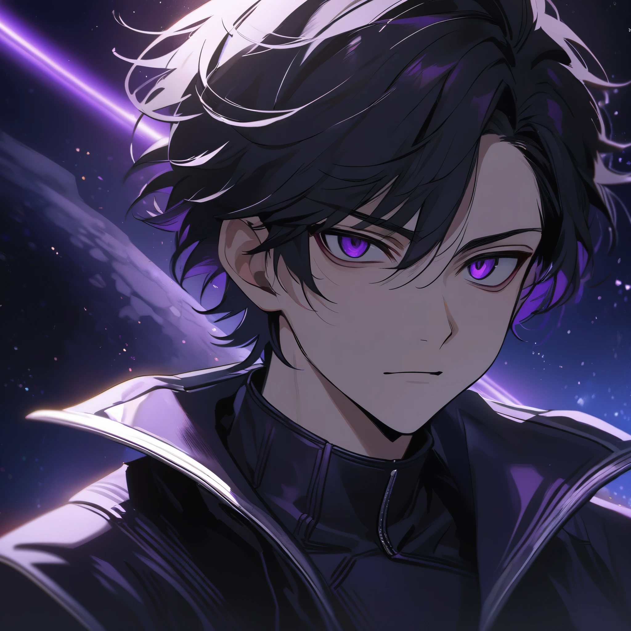 High quality, HD, 4k, no shadows, handsome male, handsome, 1male, , teenager, jet black hair, short black hair, dark hair, black hair, jet black hair, sharp eyes, deep purple colored eyes, dark purple colored eyes, deep purple eyes, purple eyes, devil may cry, close up, calm expression, stoic expression, black leather clothes, white leather clothing, lean body, well trained body, upper body, looking at viewer, cowboy shot, white solar, space background