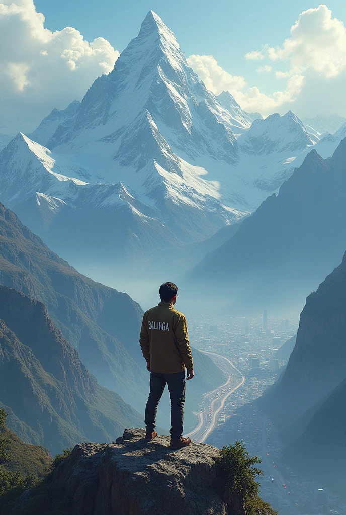 A man is on a high mountain and below him is a big city and on his shirt is written BALINGGA
