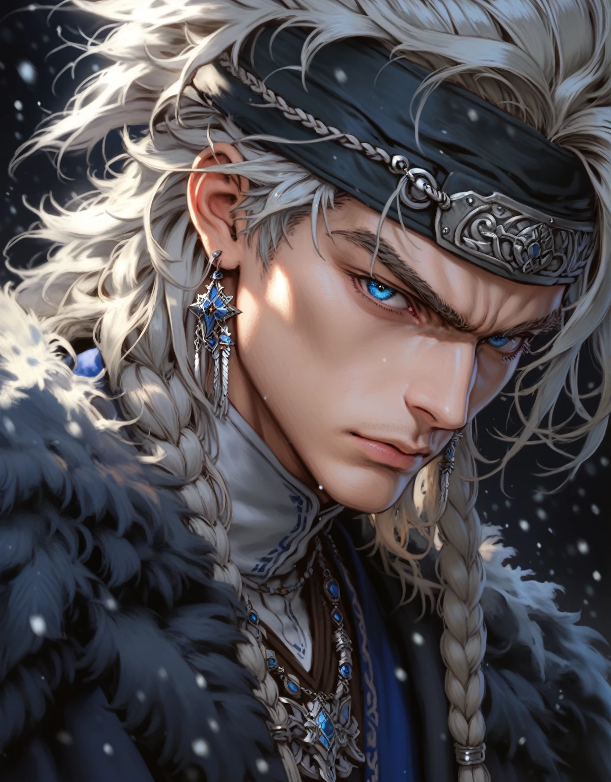 absurdities, High resolution, ultra detailed, HdR, masterpiece, realism, realist, 30 year old adult man, rasgos muy masculines, serious, Extremely detailed face and eyes, semi long straight hair, blond hair, bushy eyebrows, fringe, angry eyebrows, expressive blue eyes, rasgos masculines, detailed eyes, LOOKING AT THE SPECTATOR, 1 man, viking style clothing, masculine, blue clothes con abrigo de piel blanco, snowy background, White skin, viking necklace, blue clothes, white earrings, Wizard&#39;s Medallion, tidy hair, Complete plan, beefy chest, realism magico, masculine, men&#39;s clothing, vibrant colors, Fotorrealist, 8k, Best Quality, High resolution, cinematic lighting, intricate details, snow background.