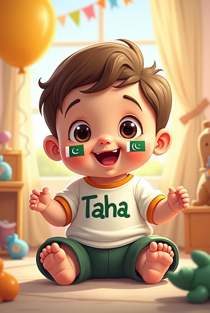 small baby boy who have his name " Taha" on shirt having pak flag on face
cartoon animation