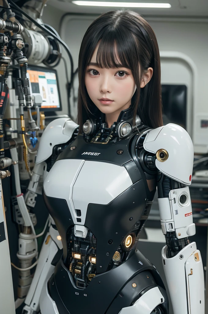 masterpiece, best quality, extremely detailed, Japaese android girl,portrait,Plump,a bit chubby,control panels,android,Droid,Mechanical Hand, Robot arms and legs, Black hair,Blunt bangs,perfect robot girl,long tube,thick cable connected her neck,android,robot,humanoid,cyborg,japanese cyborg girl ,robot-assembly plant,She is assembling now,assembly scene,camera eyes,chest monitor