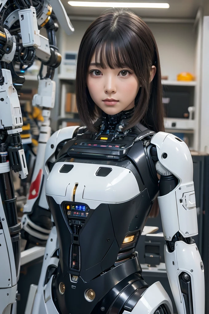 masterpiece, best quality, extremely detailed, Japaese android girl,portrait,Plump,a bit chubby,control panels,android,Droid,Mechanical Hand, Robot arms and legs, Black hair,Blunt bangs,perfect robot girl,long tube,thick cable connected her neck,android,robot,humanoid,cyborg,japanese cyborg girl ,robot-assembly plant,She is assembling now,assembly scene,camera eyes,chest monitor