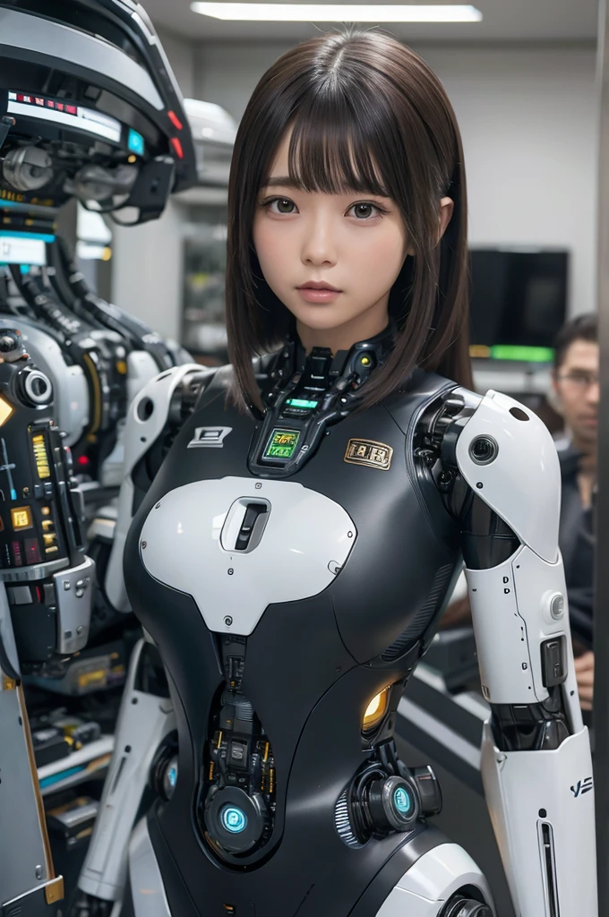 masterpiece, best quality, extremely detailed, Japaese android girl,portrait,Plump,a bit chubby,control panels,android,Droid,Mechanical Hand, Robot arms and legs, Black hair,Blunt bangs,perfect robot girl,long tube,thick cable connected her neck,android,robot,humanoid,cyborg,japanese cyborg girl ,robot-assembly plant,She is assembling now,assembly scene,camera eyes,chest monitor