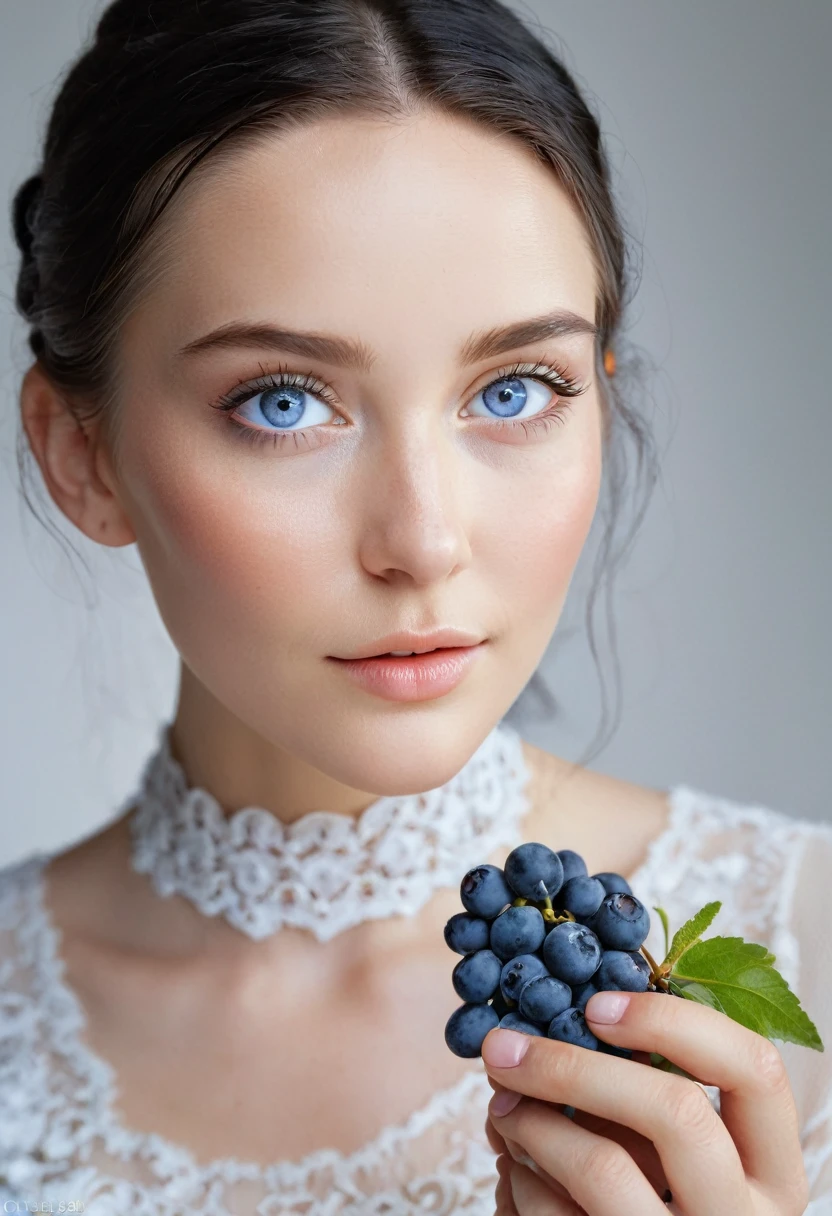 a beautiful young woman, 1girl, detailed face, beautiful blue eyes, delicate facial features, long black hair, holding blueberries, white background, soft lighting, elegant, graceful pose, highly detailed, photorealistic, 8k, cinematic, intricate details, lifelike, masterpiece