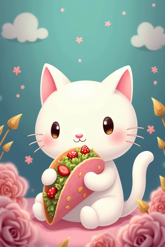 White hello kitty style cat eating a pink tortilla taco in anime studio ghibli style in the shape of a logo