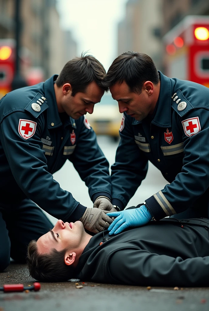 First responders providing pre-hospital care to a trauma patient and another choking patient. Shirt with a red cross
