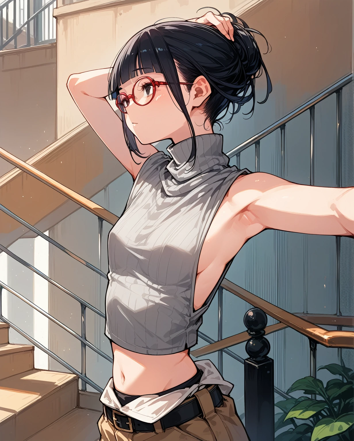 sexy,Flat Chest,Focus on your audience,Extremely thin body,Anime Style,Slender figure,delicate,Glasses,Asian woman in grey top and black pants posing on stairs, Sleeveless turtleneck, 脇が大きく開いているSleeveless turtleneck_Roomy back design,rib cage,Sideboob,The shoulders are wide open,sexyなWearing a crop top, Photo of slim girl model, Chiho, T-Top, shikamimi, Wearing a crop top, Real life anime girls, Kurohime cut hair, Shashi, 2 4-year-old female model
