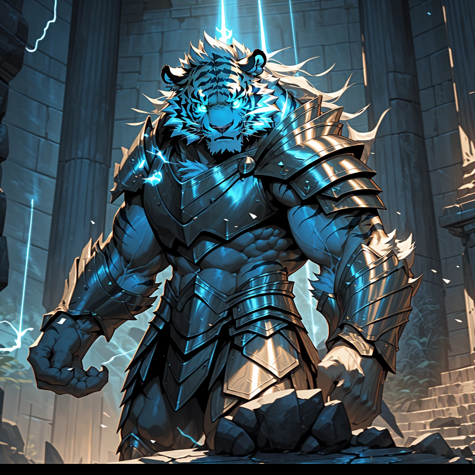 a muscular, well-built guard warrior, mercenary, royal knight, holy knight, guardian of the temple of light, highly detailed, intricate armor, glowing energy, powerful presence, dramatic lighting, cinematic composition, digital painting, fantasy art, dramatic color palette, clair obscur, dynamic pose, heroic expression A muscular tiger