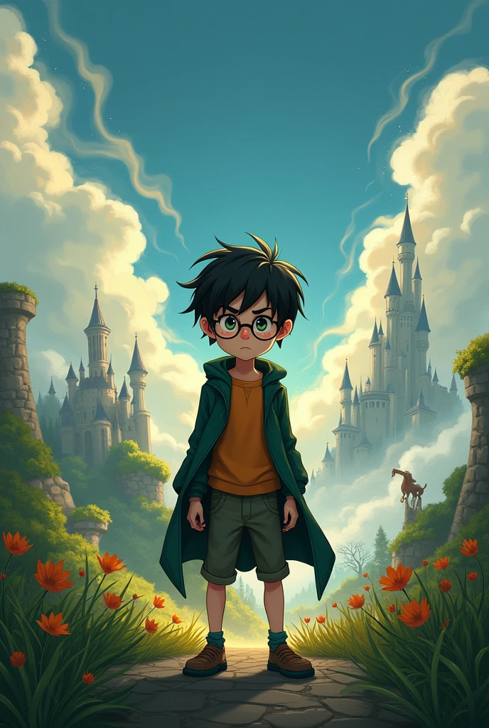 A determined, black-haired boy, delgado, short , with glasses and a scar on his forehead.
