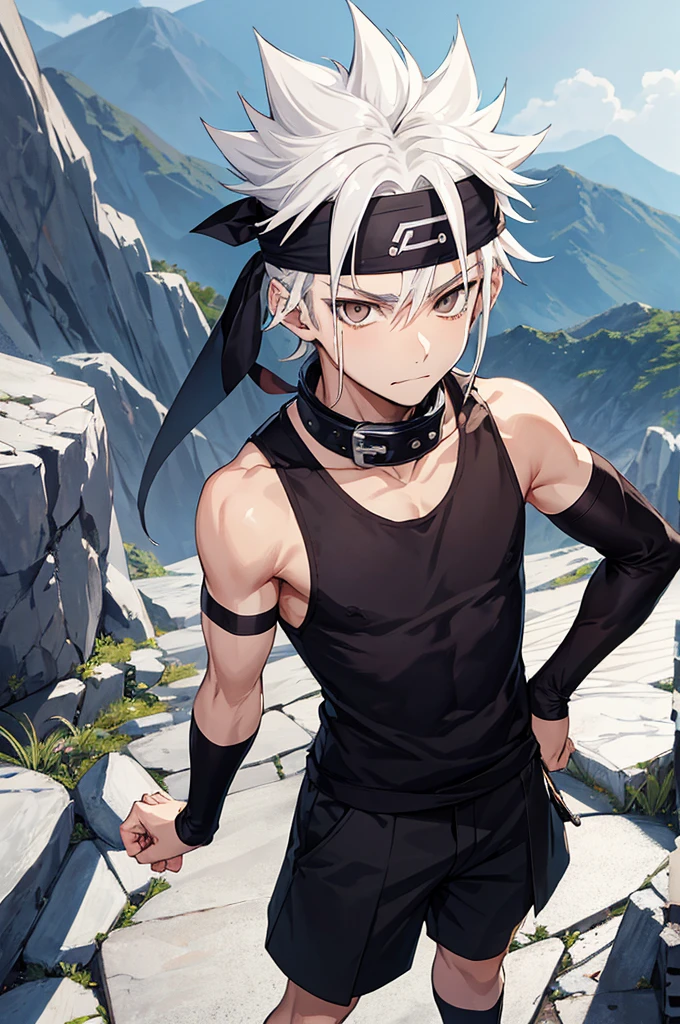 Generate an image in the art style of Masashi Kishimoto and his work Naruto. The character is a 13-year-old ager with slightly tanned white skin, short spiky grayish-white hair with a fade on the sides, and dark brown eyes. He has a small scar on his cheek and is displaying a smirk. He is wearing a very dark wine-colored outfit with a sleeveless, collarless grayish vest. His dark blue Konoha headband is worn loosely around his neck like a collar. The background shows a view of Konoha from the top of the village walls.