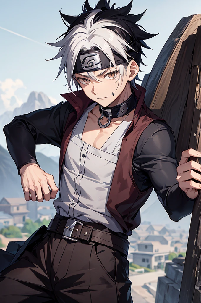 Generate an image in the art style of Masashi Kishimoto and his work Naruto. The character is a 13-year-old ager with slightly tanned white skin, short spiky grayish-white hair with a fade on the sides, and dark brown eyes. He has a small scar on his cheek and is displaying a smirk. He is wearing a very dark wine-colored outfit with a sleeveless, collarless grayish vest. His dark blue Konoha headband is worn loosely around his neck like a collar. The background shows a view of Konoha from the top of the village walls.