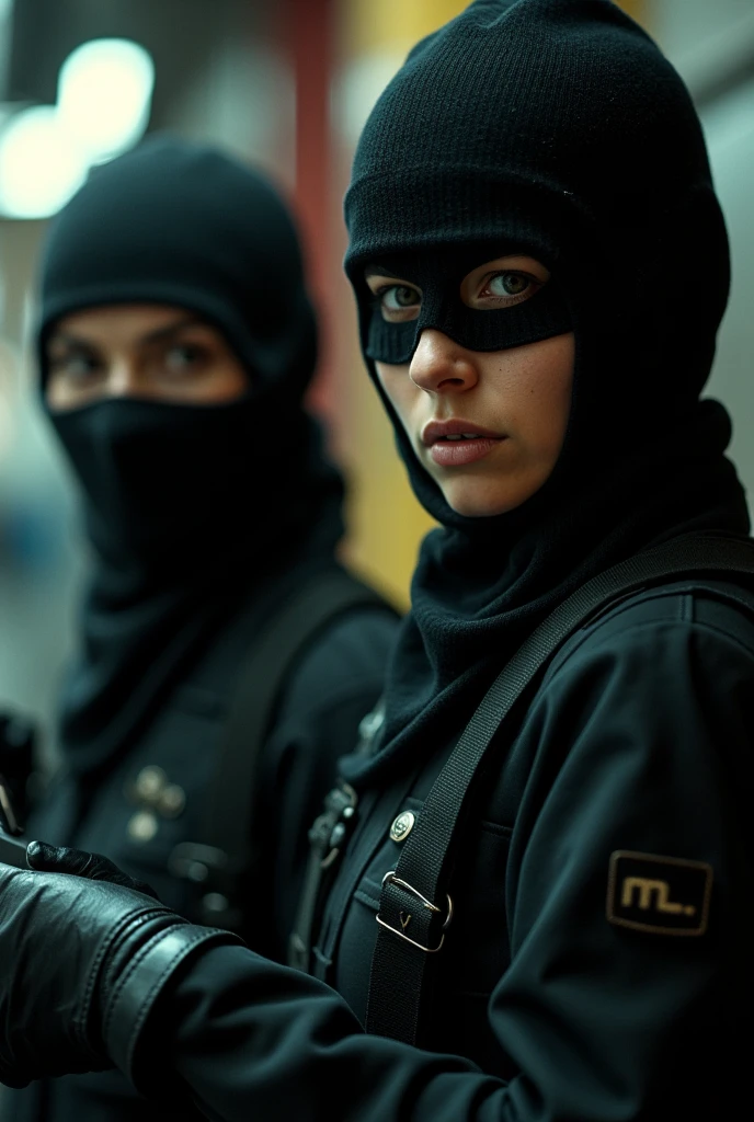 scarlett johansson and natalie portman who wears a balaclava and who wears leather gloves Lons and who steals a small ranpli silver 