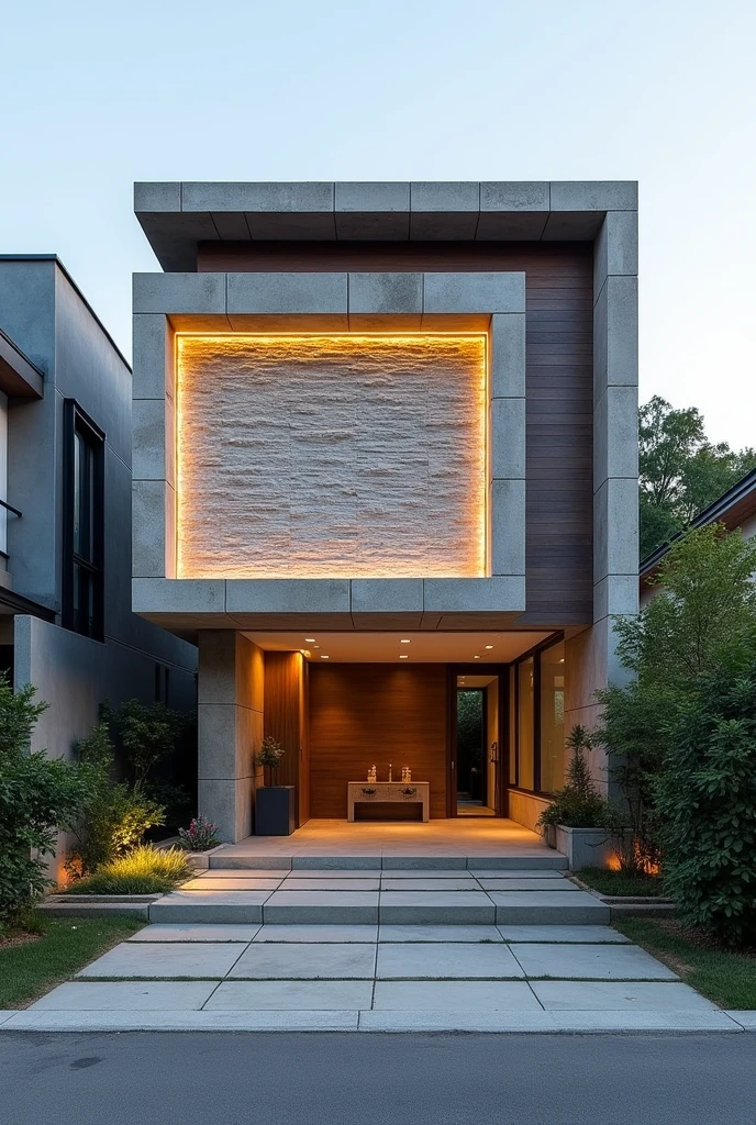 Modern facade with 8-meter front with stone face block with driveway