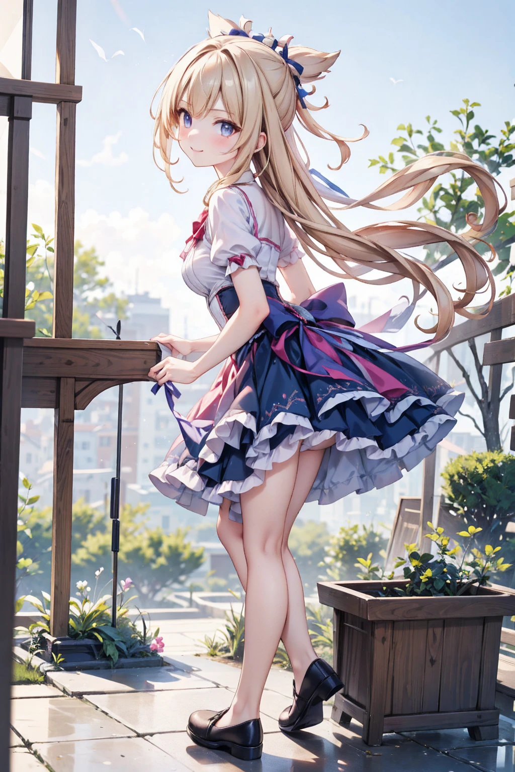 low-angle shot, smile, look at viewer, long skirt, holding down her skirt as it is being blown by a strong wind, high quality, masterpiece, ultra-fine illustrations, detailed background, realistic lighting, dynamic pose
