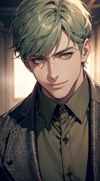((a mature man, very handsome, smile in love, short grey green hair, green eyes, perfect face without errors)), ((buttoning the jacket, CEO)), (best quality, masterpiece, 8K, photorealistic, cinematic lighting, hdr image, ultra detailed, beautiful image), (portrait, detailed facial features, intricate textures, realistic skin tones, highly detailed, ultra-realistic), (warm lighting, soft shadows, dramatic lighting), (muted color palette, rich tones), (professional photography, high resolution, studio lighting)
