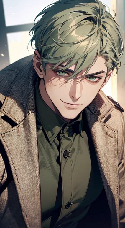 ((a mature man, very handsome, smile in love, short grey green hair, green eyes, perfect face without errors)), ((buttoning the jacket, CEO)), (best quality, masterpiece, 8K, photorealistic, cinematic lighting, hdr image, ultra detailed, beautiful image), (portrait, detailed facial features, intricate textures, realistic skin tones, highly detailed, ultra-realistic), (warm lighting, soft shadows, dramatic lighting), (muted color palette, rich tones), (professional photography, high resolution, studio lighting)