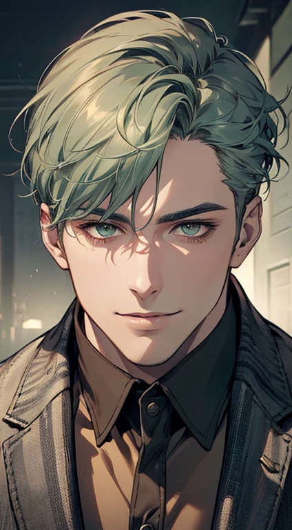 ((a mature man, very handsome, smile in love, short grey green hair, green eyes, perfect face without errors)), ((buttoning the jacket, CEO)), (best quality, masterpiece, 8K, photorealistic, cinematic lighting, hdr image, ultra detailed, beautiful image), (portrait, detailed facial features, intricate textures, realistic skin tones, highly detailed, ultra-realistic), (warm lighting, soft shadows, dramatic lighting), (muted color palette, rich tones), (professional photography, high resolution, studio lighting)