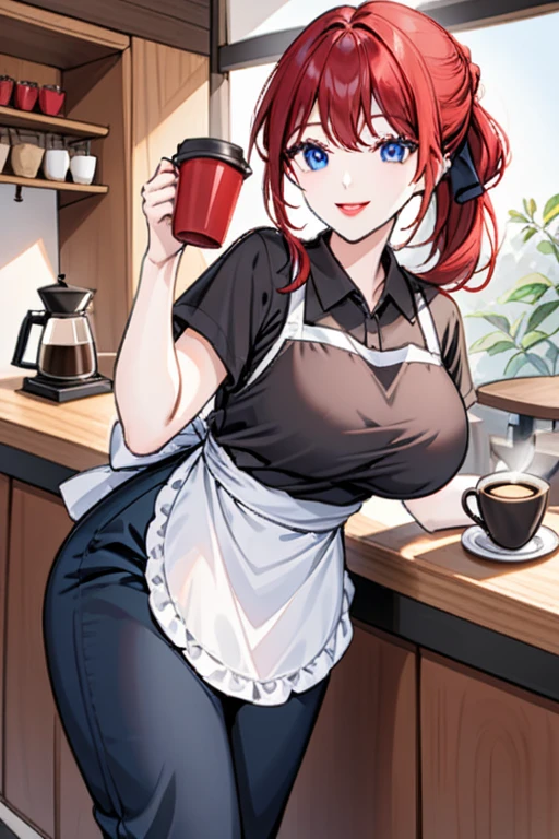 Woman cherry red hair tied up Blue eyes white skin red lips Hourglass body big breasts dressed in black pants gray shirt and white apron with smiling with a coffee