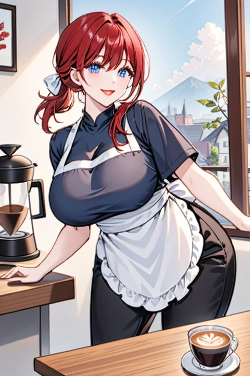 Woman cherry red hair tied up Blue eyes white skin red lips Hourglass body big breasts dressed in black pants gray shirt and white apron with smiling with a coffee