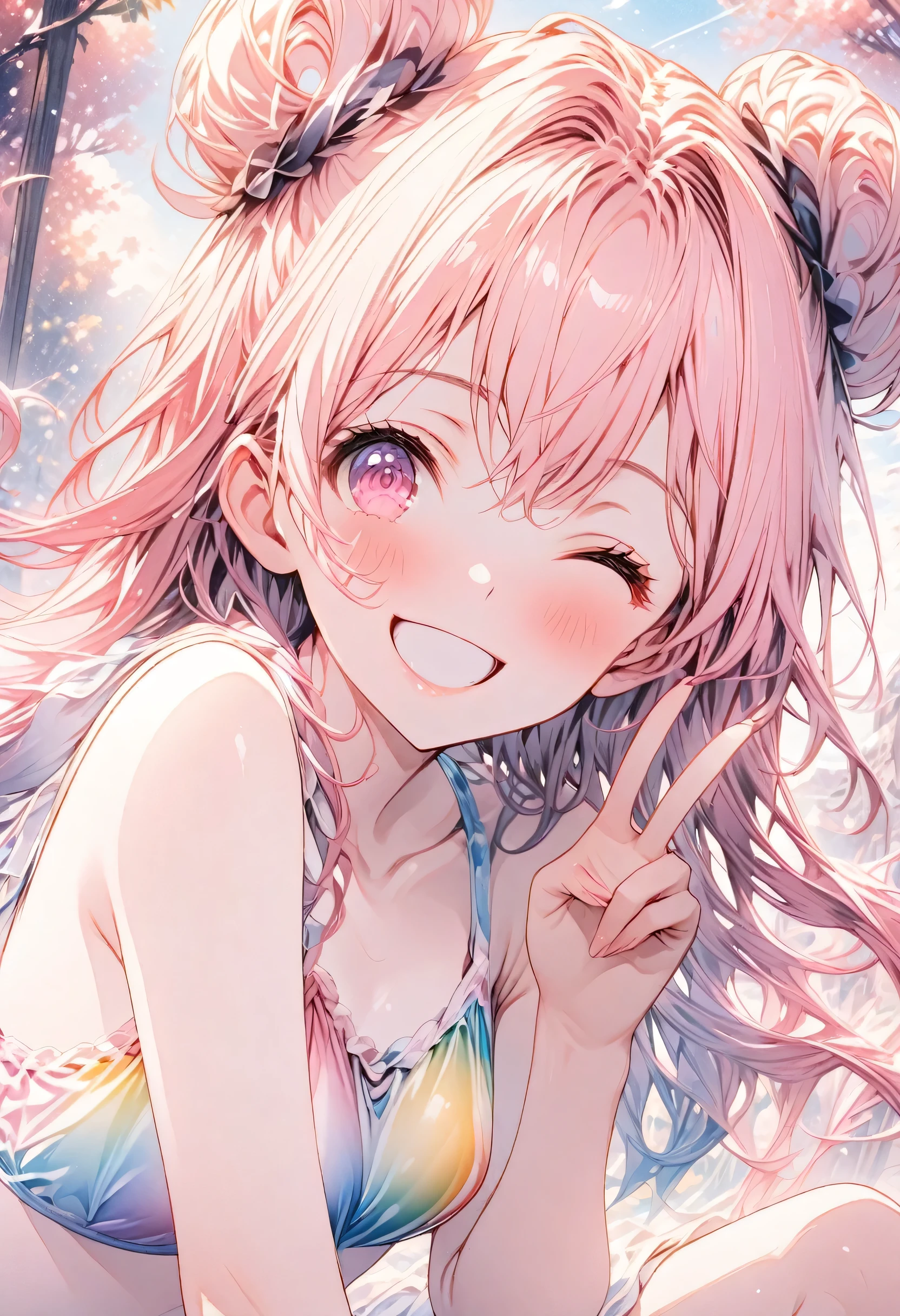 masterpiece、Highest quality、Highly detailed CG Unity 8k wallpaper、High School Girl Anime Illustration。Wearing a rainbow swimsuit、Doing the peace sign、(Hair Ribbon:0.4), Pink Eyes,(((White bun hair))),(((Pink long hair))),Smiling with eyes closed and mouth open。The background is a pale pastel colored landscape.、Watercolor Digital Art、It's a little embarrassing