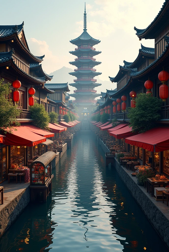 busy asian shops japanese style with a river canal like venice curved y, in the middle focal point big rounded pagoda epic scale
