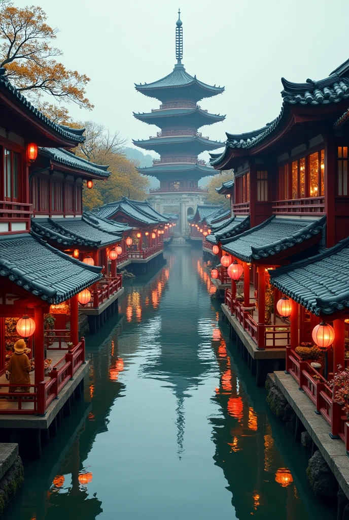 busy asian shops japanese style with a river canal like venice curved y, in the middle focal point big rounded pagoda epic scale