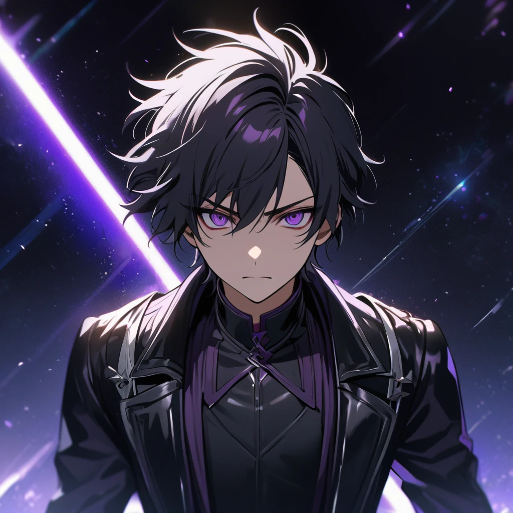 High quality, HD, 4k, no shadows, handsome male, handsome, 1male, , teenager, jet black hair, short black hair, dark hair, black hair, jet black hair, sharp eyes, deep purple colored eyes, dark purple colored eyes, deep purple eyes, purple eyes, devil may cry, close up, calm expression, stoic expression, black leather clothes, white leather clothing, lean body, well trained body, upper body, looking at viewer, cowboy shot, white solar, space background