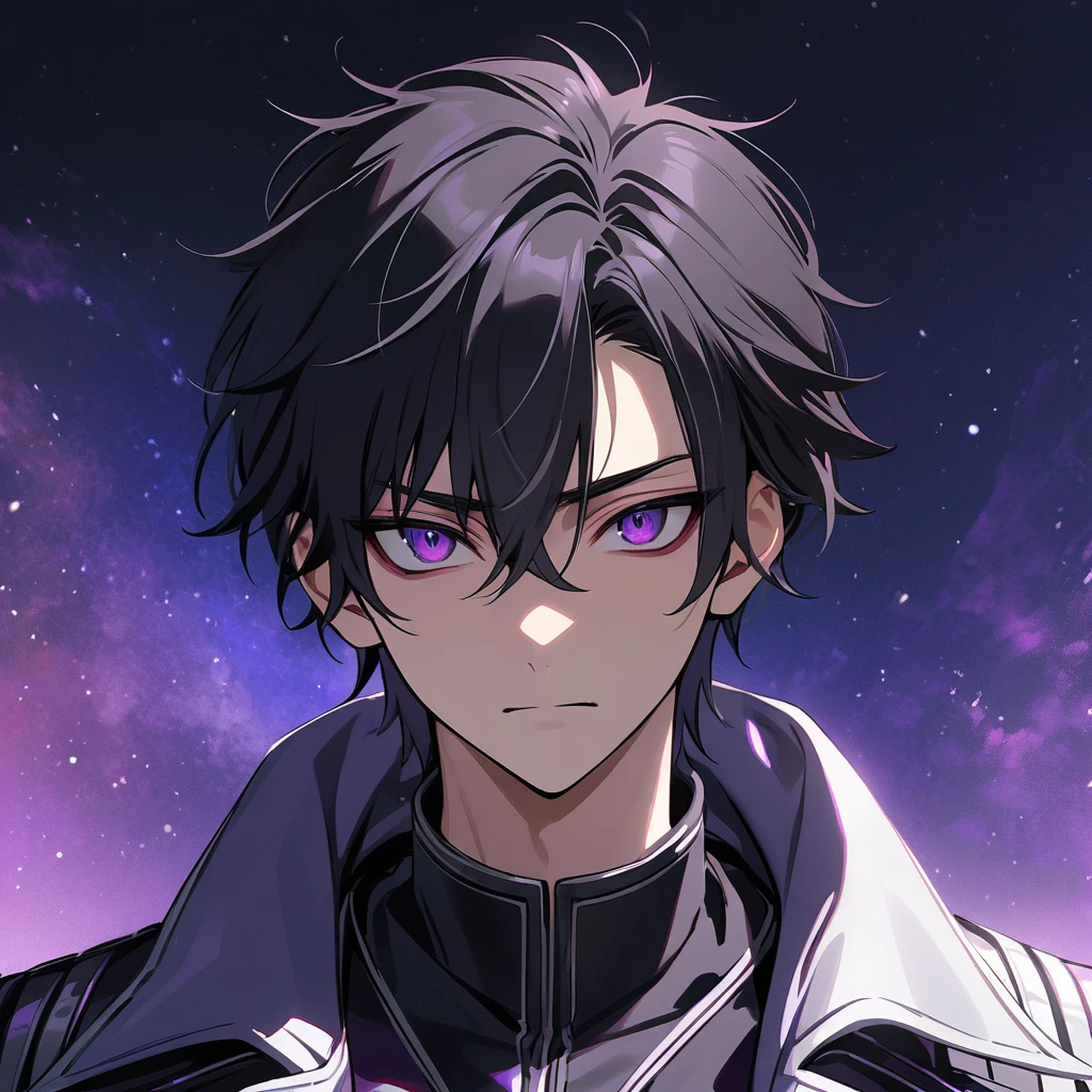 High quality, HD, 4k, no shadows, handsome male, handsome, 1male, 17 years old, teenager, jet black hair, short black hair, dark hair, black hair, jet black hair, sharp eyes, deep purple colored eyes, dark purple colored eyes, deep purple eyes, purple eyes, devil may cry, close up, calm expression, stoic expression, black leather clothes, white leather clothing, lean body, well trained body, upper body, looking at viewer, cowboy shot, white solar, space background