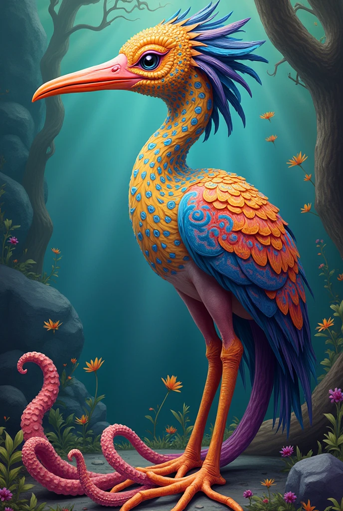 Show me a picture of an alebrije created with a heron, a platypus and an octopus